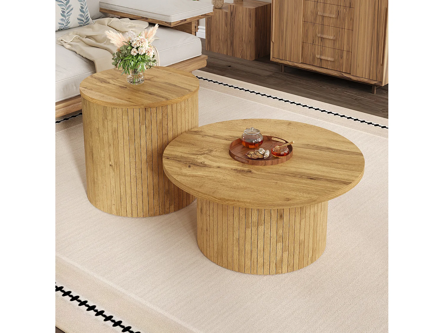 2er-Set Couchtische mit Holzplatten – multifunktionale Wohnzimmertische – MDF – natur