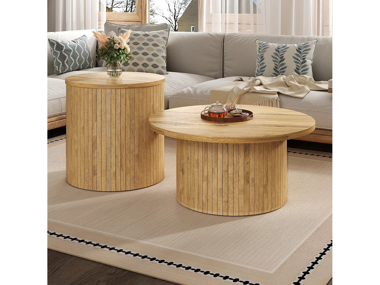 2er-Set Couchtische mit Holzplatten – multifunktionale Wohnzimmertische – MDF – natur