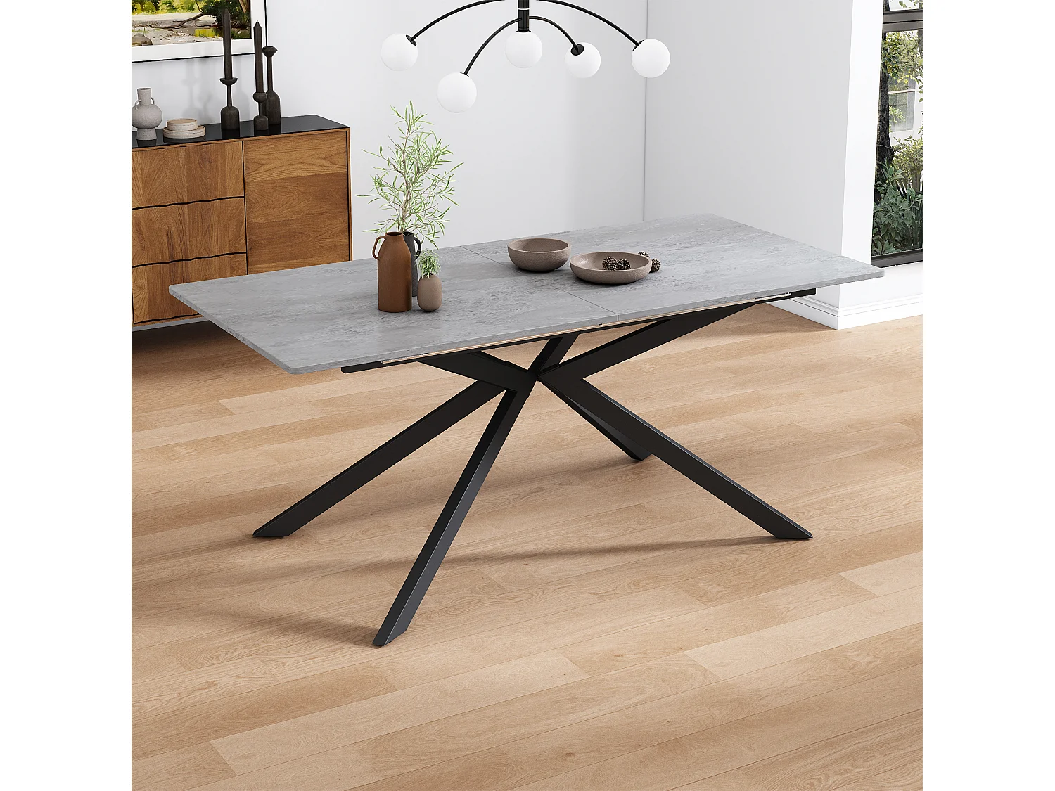 Table à manger extensible 4 à 6 couverts - 150/180 x 70 x 76 cm - motif ciment - MDF - gris + noir