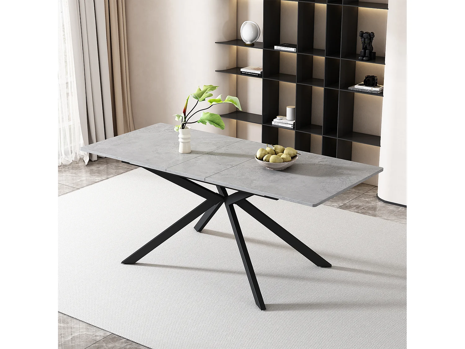 Table à manger extensible 4 à 6 couverts - 150/180 x 70 x 76 cm - motif ciment - MDF - gris + noir