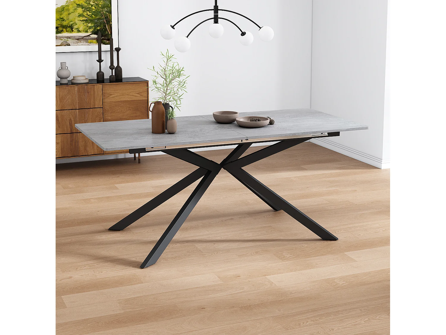 Table à manger extensible 4 à 6 couverts - 150/180 x 70 x 76 cm - motif ciment - MDF - gris + noir