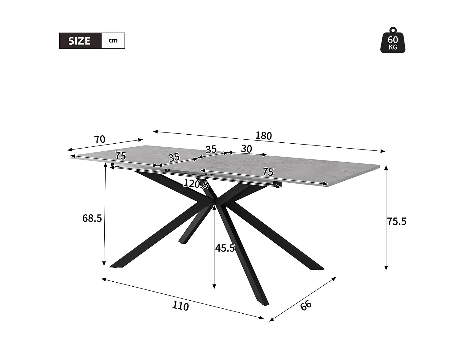 Table à manger extensible 4 à 6 couverts - 150/180 x 70 x 76 cm - motif ciment - MDF - gris + noir
