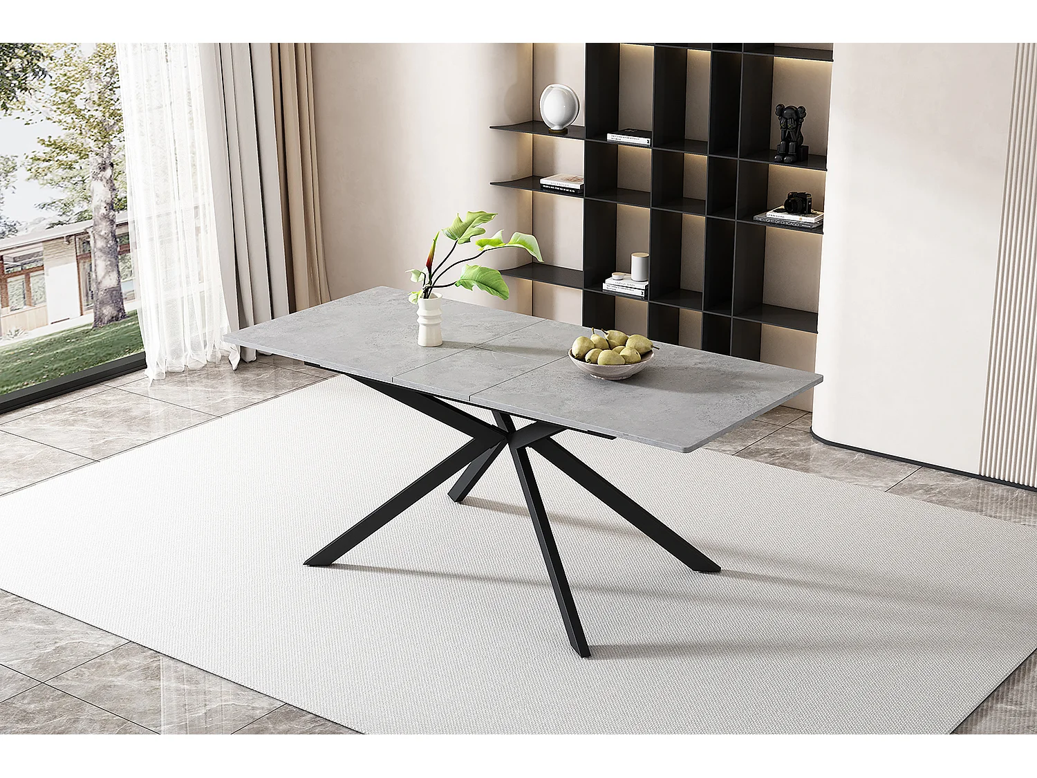 Table à manger extensible 4 à 6 couverts - 150/180 x 70 x 76 cm - motif ciment - MDF - gris + noir