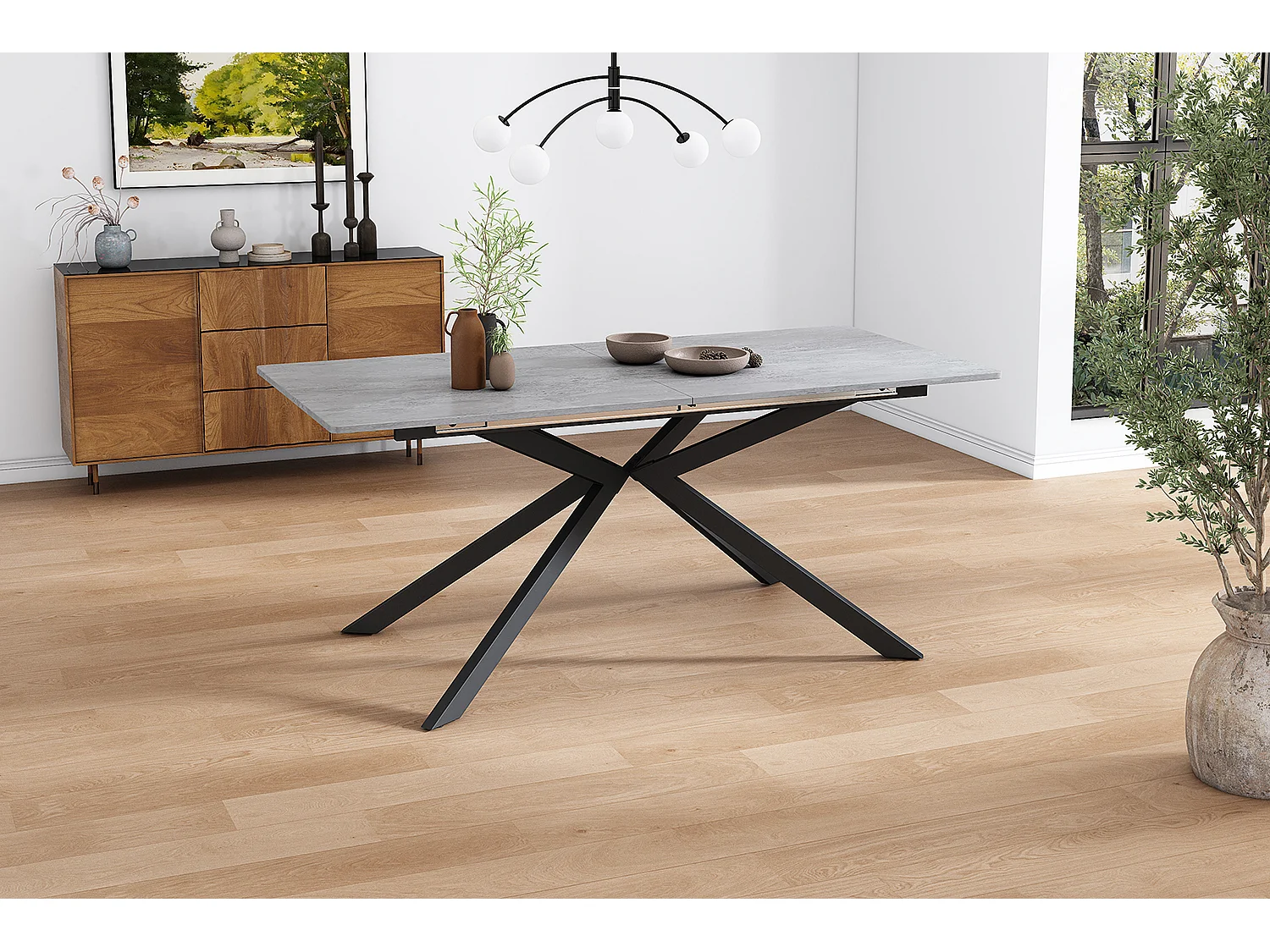 Table à manger extensible 4 à 6 couverts - 150/180 x 70 x 76 cm - motif ciment - MDF - gris + noir