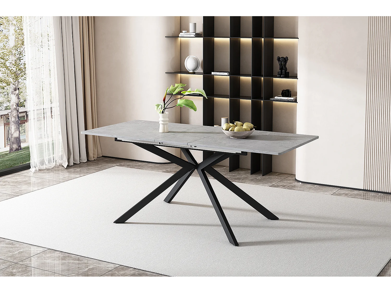 Table à manger extensible 4 à 6 couverts - 150/180 x 70 x 76 cm - motif ciment - MDF - gris + noir