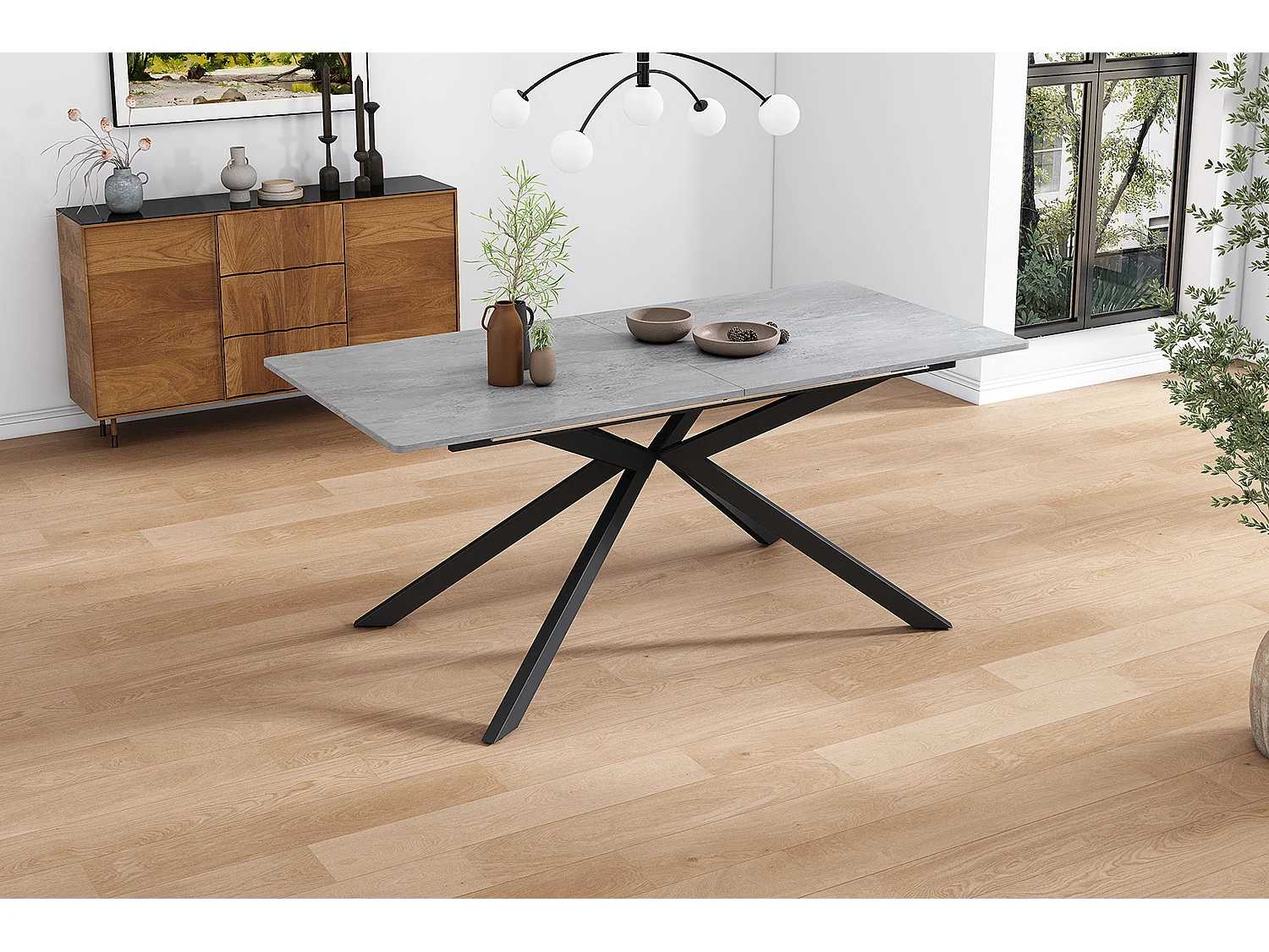 Table à manger extensible 4 à 6 couverts - 150/180 x 70 x 76 cm - motif ciment - MDF - gris + noir