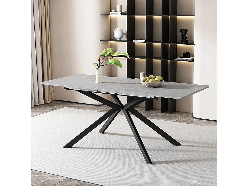 Table à manger extensible 4 à 6 couverts - 150/180 x 70 x 76 cm - motif ciment - MDF - gris + noir