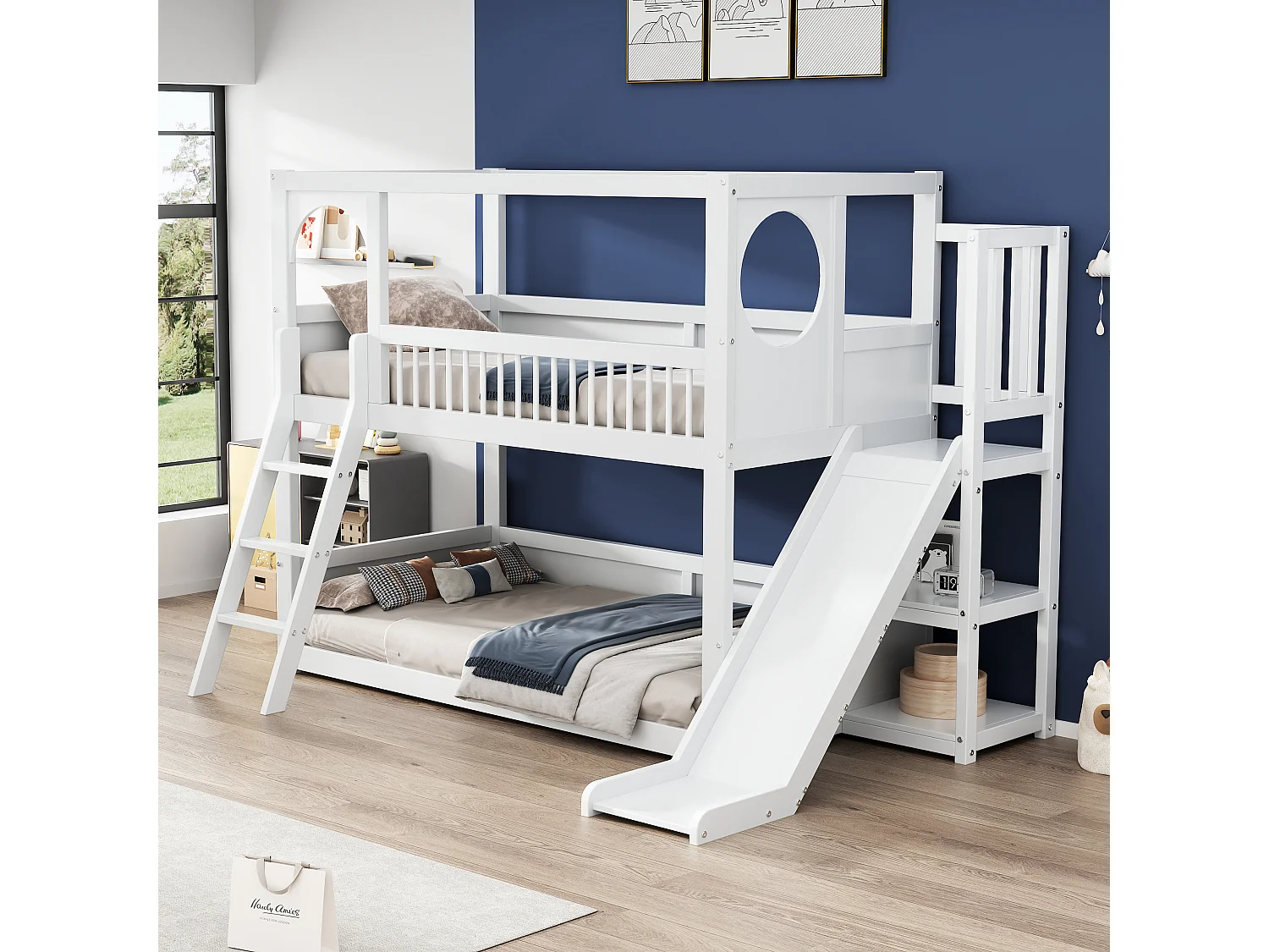 Lits superposés enfant - 2 x 90 x 200 cm - avec étagères de rangement + toboggan + échelle - bois + MDF - blanc