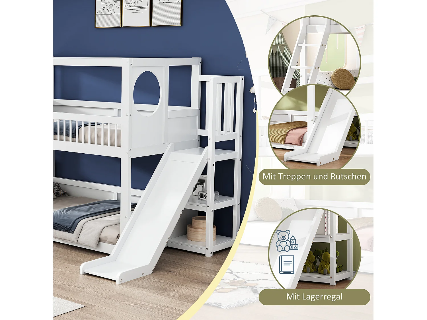 Lits superposés enfant - 2 x 90 x 200 cm - avec étagères de rangement + toboggan + échelle - bois + MDF - blanc
