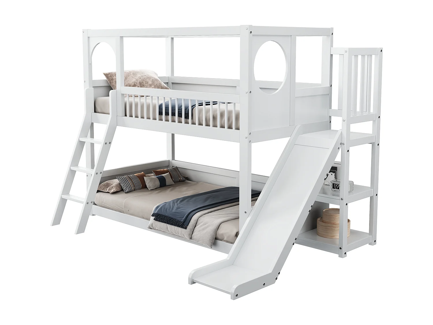 Lits superposés enfant - 2 x 90 x 200 cm - avec étagères de rangement + toboggan + échelle - bois + MDF - blanc