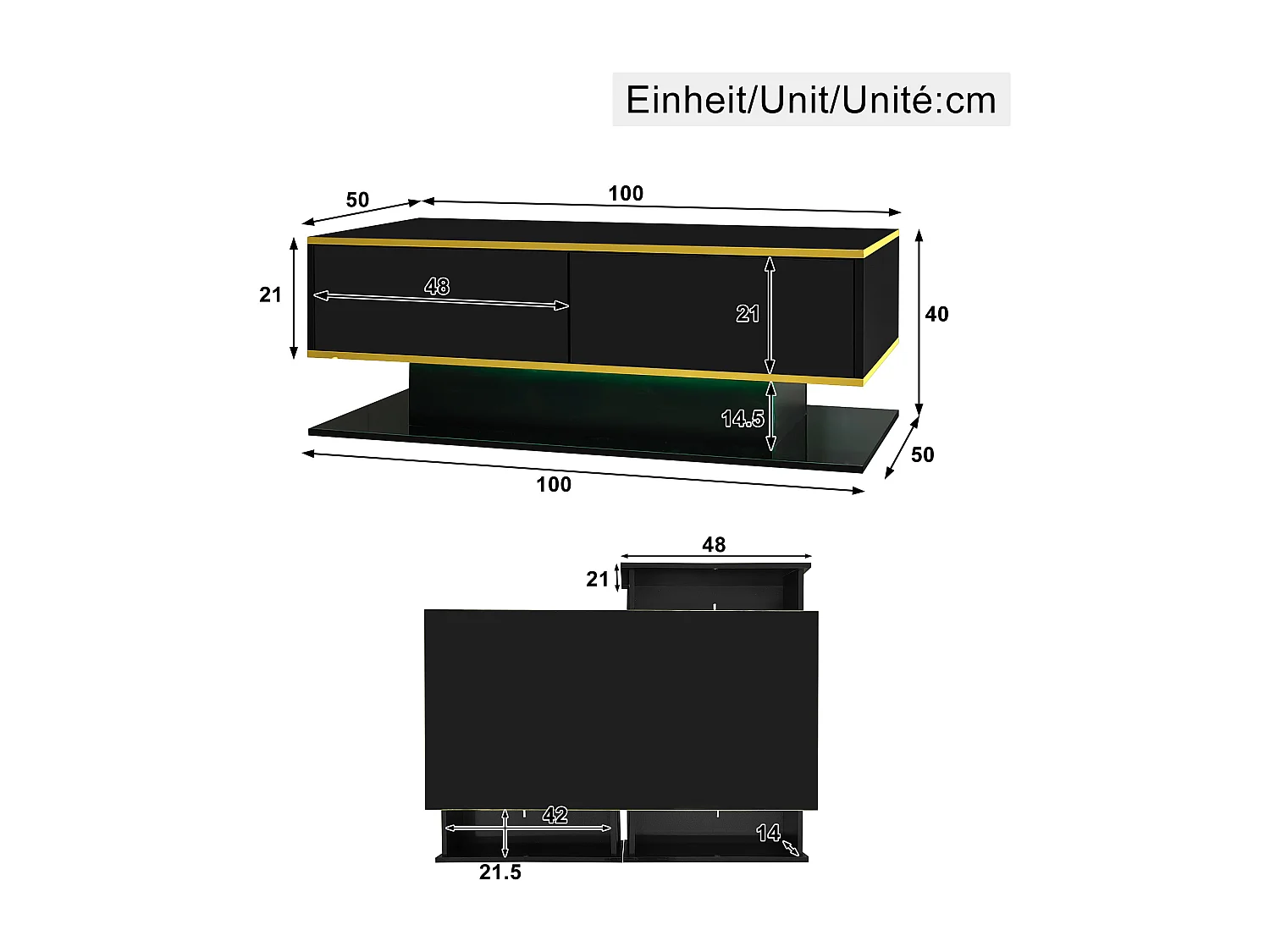 Moderner Couchtisch mit Hochglanzoberfläche – 100 x 50 x 40 cm – mit 3 Schubladen, LED-Beleuchtung und USB-Anschluss – Spanplatte – schwarz