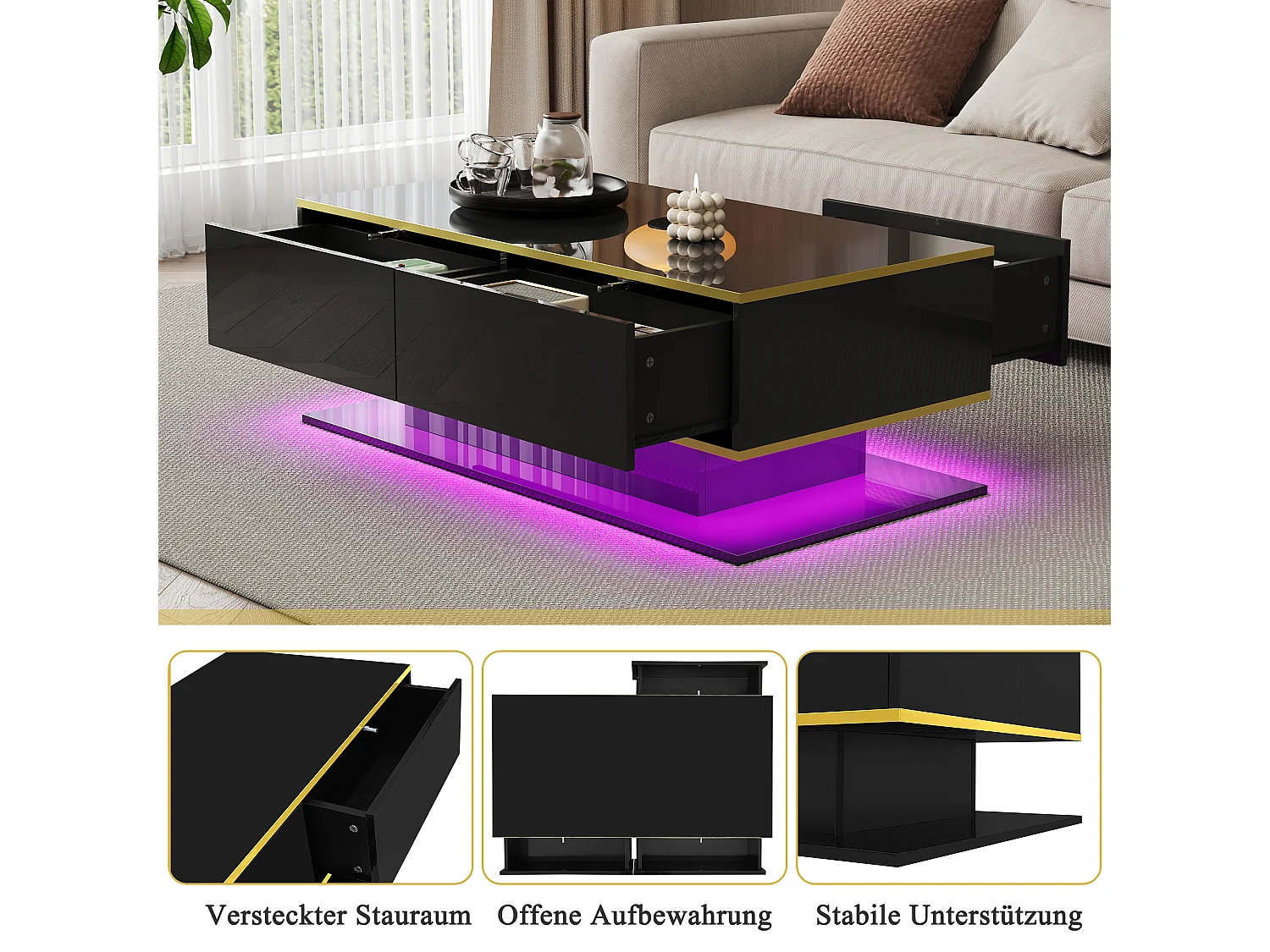 Moderner Couchtisch mit Hochglanzoberfläche – 100 x 50 x 40 cm – mit 3 Schubladen, LED-Beleuchtung und USB-Anschluss – Spanplatte – schwarz