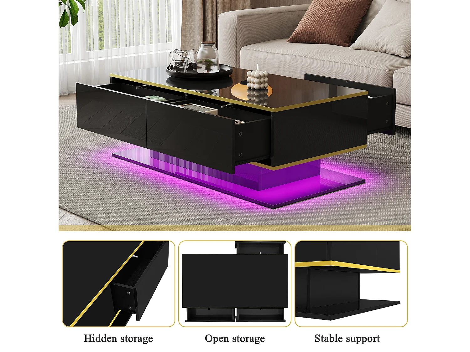 Moderner Couchtisch mit Hochglanzoberfläche – 100 x 50 x 40 cm – mit 3 Schubladen, LED-Beleuchtung und USB-Anschluss – Spanplatte – schwarz
