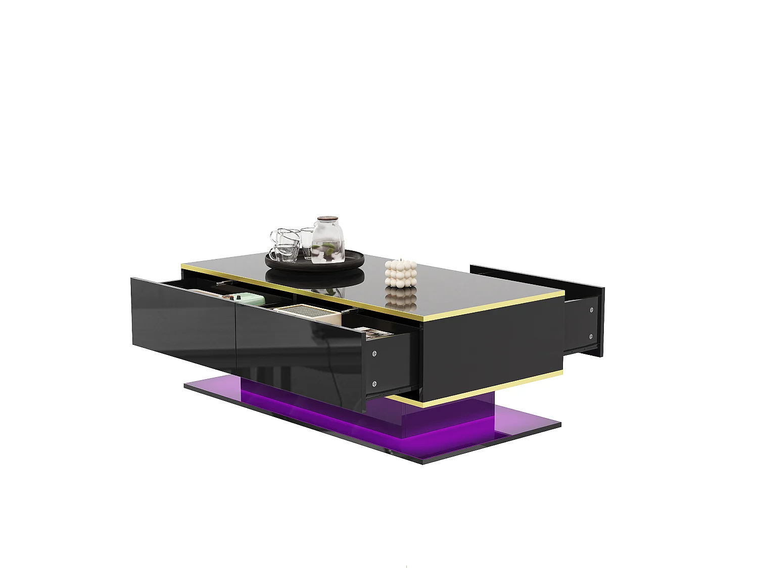 Table basse moderne avec finition brillante - 100 x 50 x 40 cm - avec 3 tiroirs + Leds + USB - aggloméré - noir