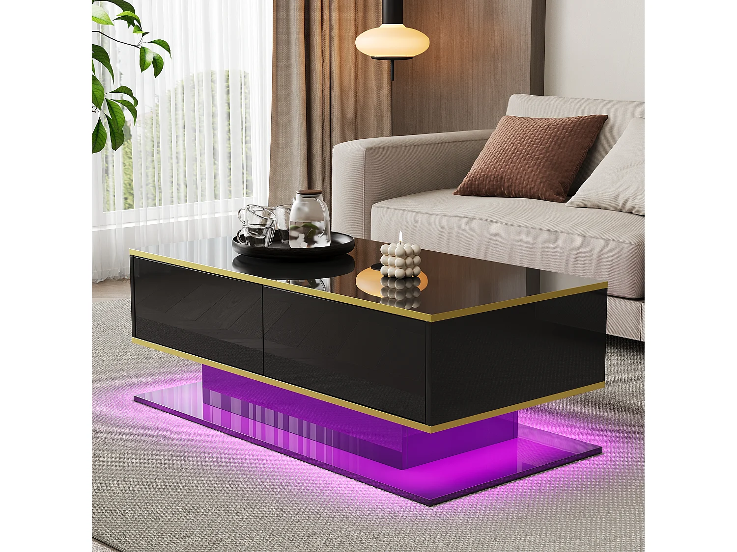Table basse moderne avec finition brillante - 100 x 50 x 40 cm - avec 3 tiroirs + Leds + USB - aggloméré - noir