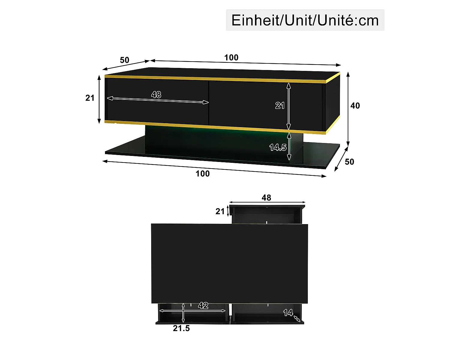 Table basse moderne avec finition brillante - 100 x 50 x 40 cm - avec 3 tiroirs + Leds + USB - aggloméré - noir