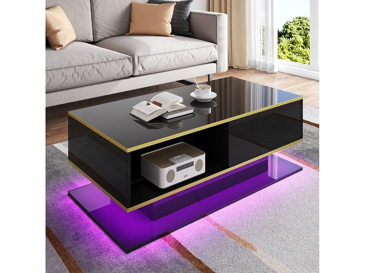 Table basse moderne avec finition brillante - 100 x 50 x 40 cm - avec 3 tiroirs + Leds + USB - aggloméré - noir