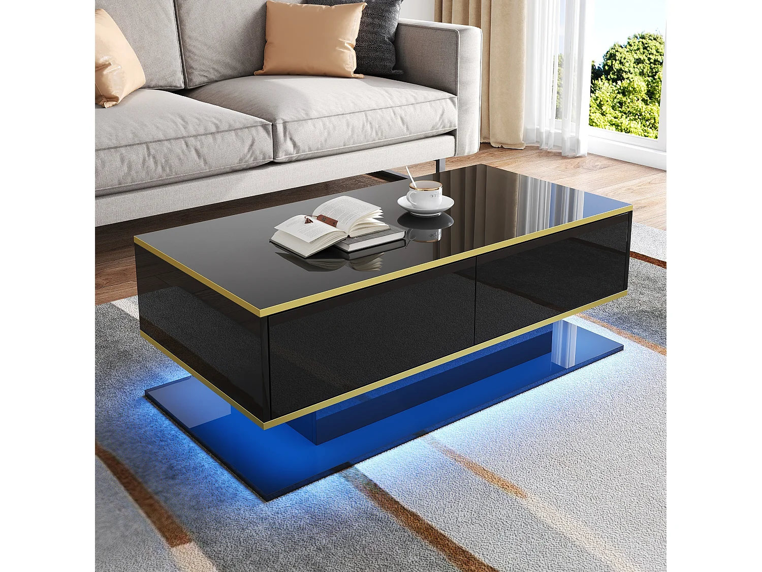 Table basse moderne avec finition brillante - 100 x 50 x 40 cm - avec 3 tiroirs + Leds + USB - aggloméré - noir