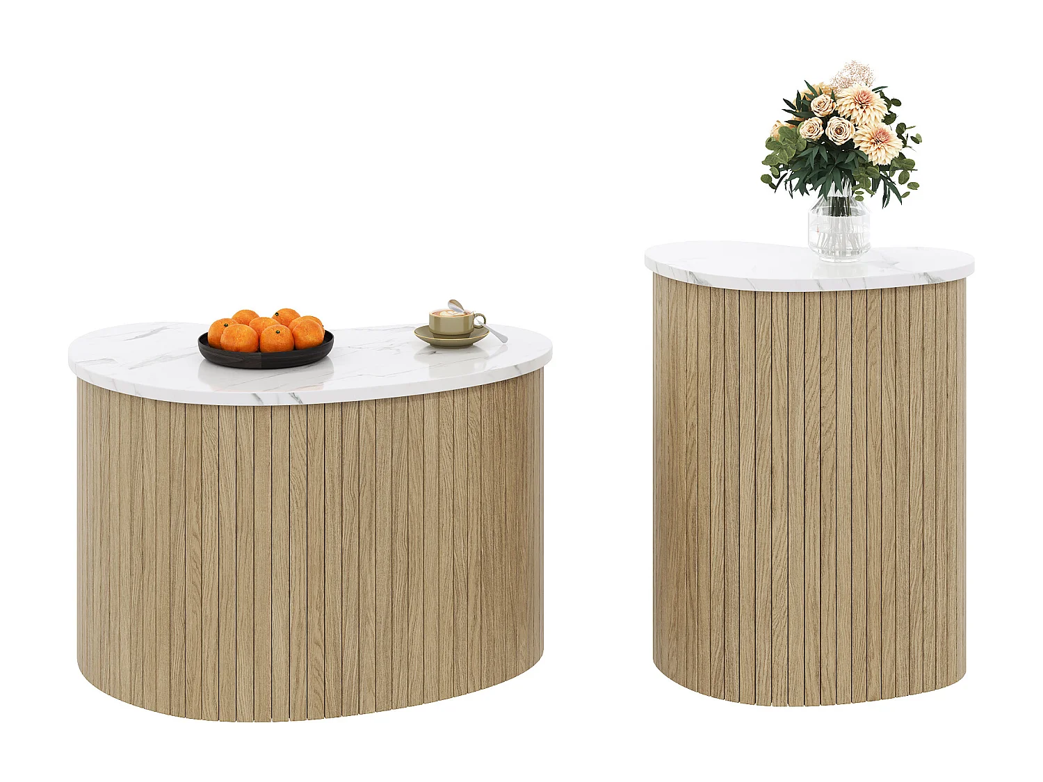 2er-Set Couchtische in Marmor- und Holzoptik – multifunktionale Wohnzimmertische – MDF – Natur + Weiß