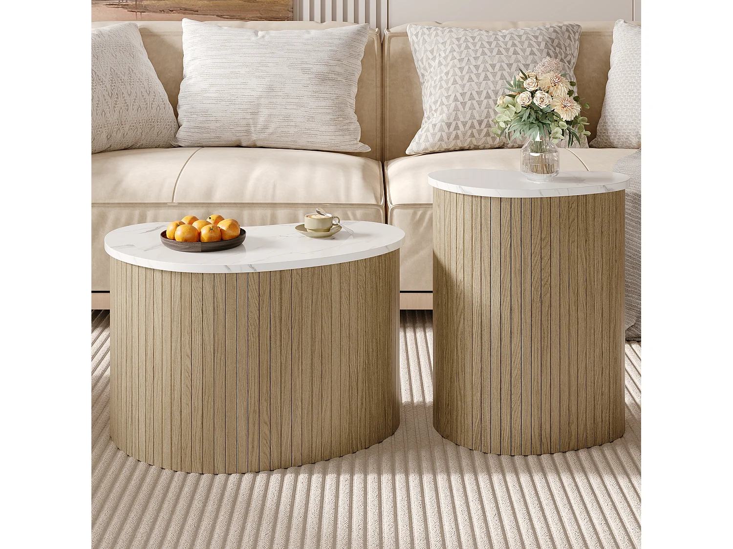 2er-Set Couchtische in Marmor- und Holzoptik – multifunktionale Wohnzimmertische – MDF – Natur + Weiß