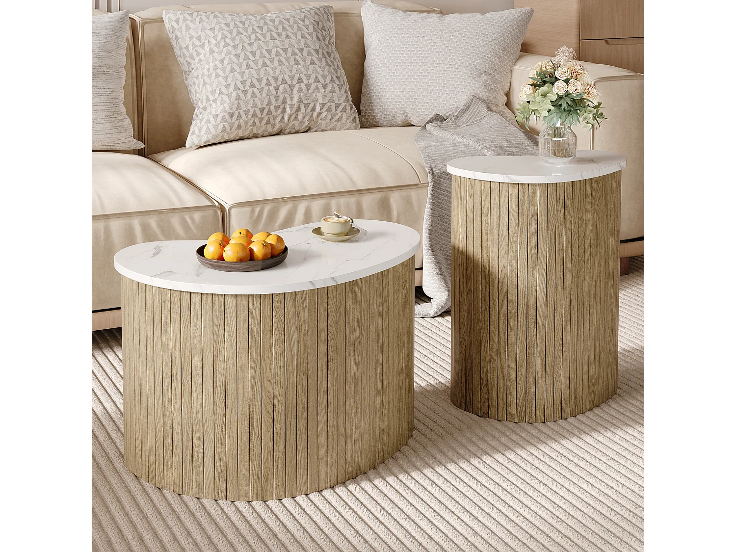 2er-Set Couchtische in Marmor- und Holzoptik – multifunktionale Wohnzimmertische – MDF – Natur + Weiß