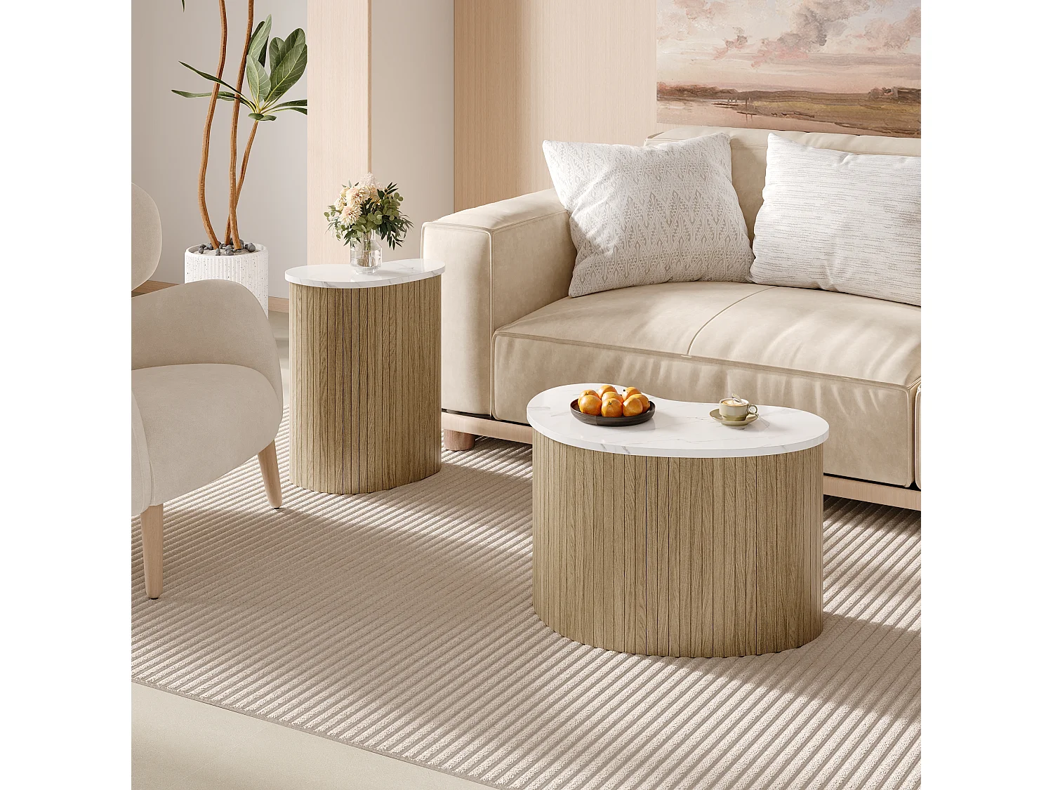 2er-Set Couchtische in Marmor- und Holzoptik – multifunktionale Wohnzimmertische – MDF – Natur + Weiß