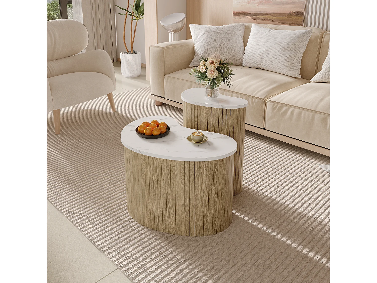 2er-Set Couchtische in Marmor- und Holzoptik – multifunktionale Wohnzimmertische – MDF – Natur + Weiß