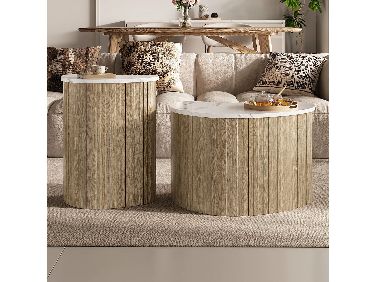 2er-Set Couchtische in Marmor- und Holzoptik – multifunktionale Wohnzimmertische – MDF – Natur + Weiß