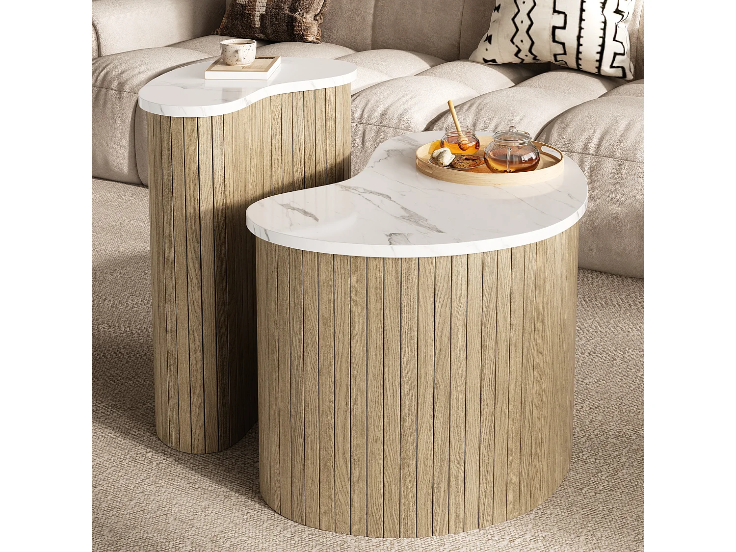2er-Set Couchtische in Marmor- und Holzoptik – multifunktionale Wohnzimmertische – MDF – Natur + Weiß