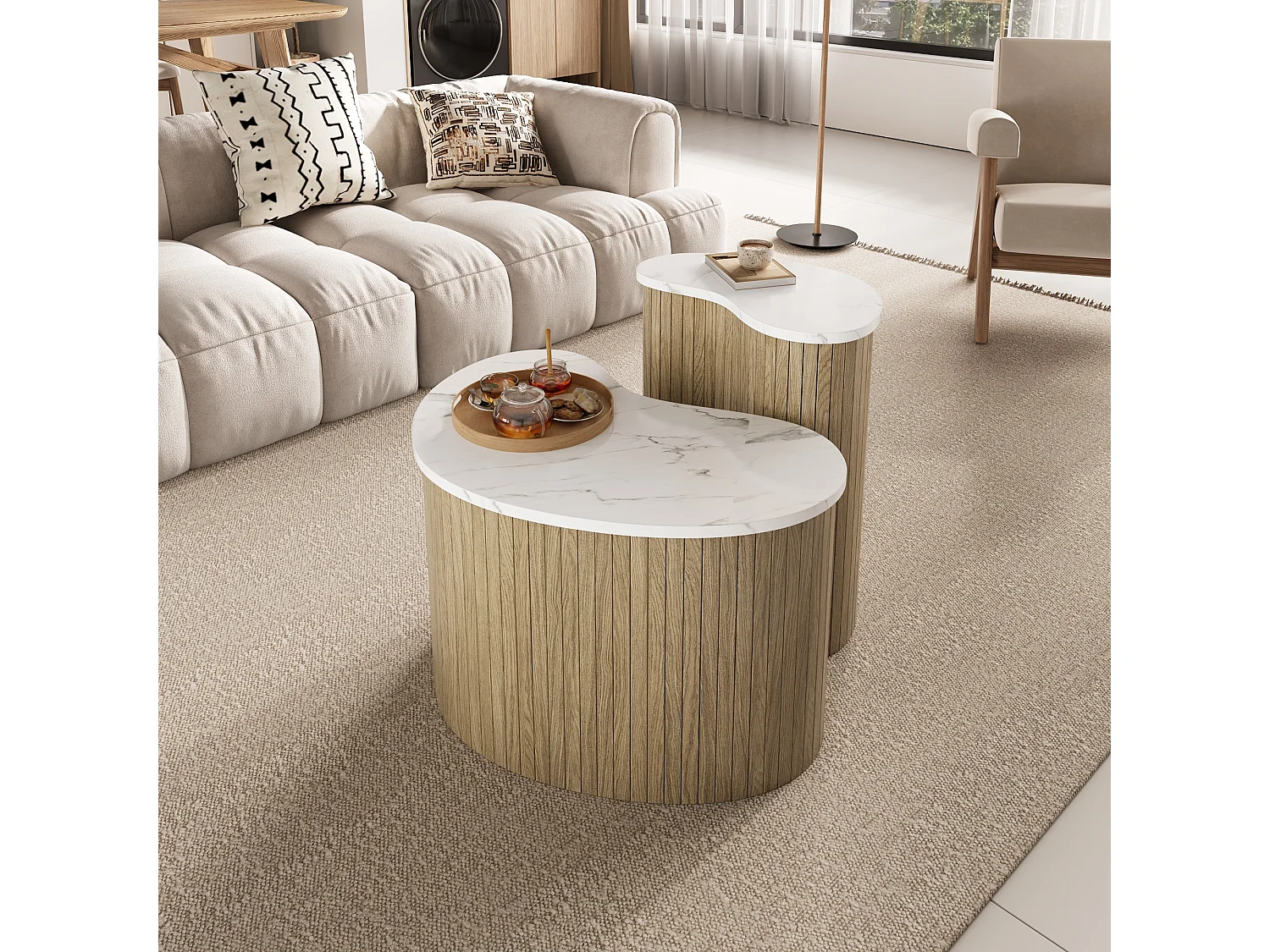 2er-Set Couchtische in Marmor- und Holzoptik – multifunktionale Wohnzimmertische – MDF – Natur + Weiß