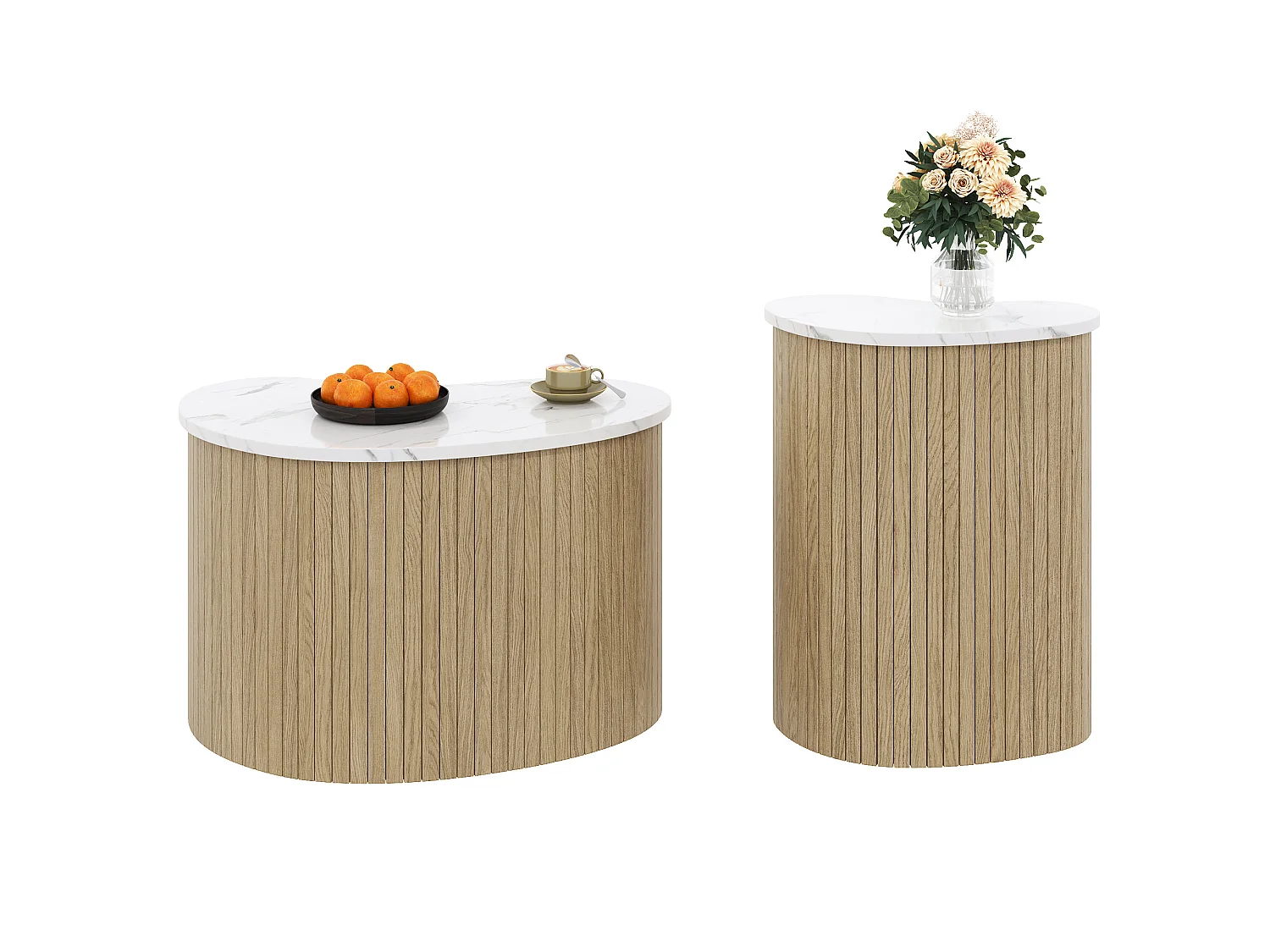 Set van 2 salontafels met marmer- en houtlook - multifunctionele woonkamertafel - MDF - naturel + wit
