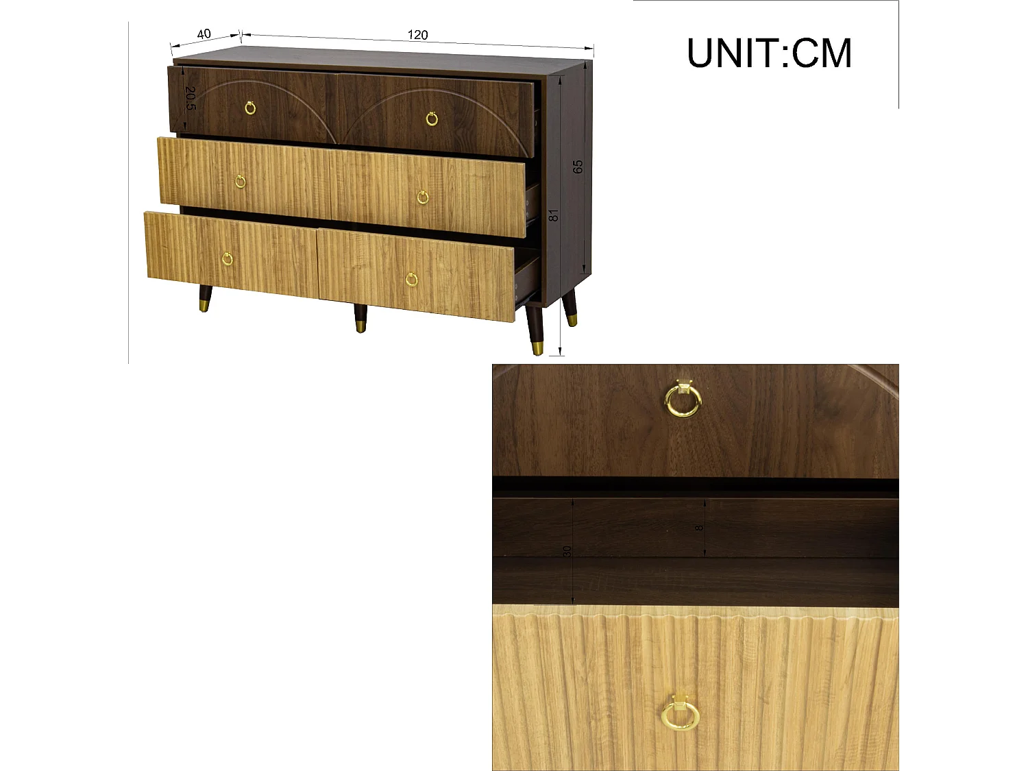 Commodes modernes à 3 tirors - 120 x 40 x 81 cm - pour salon/salle à manger/entrée -  MDF + aggloméré - naturel