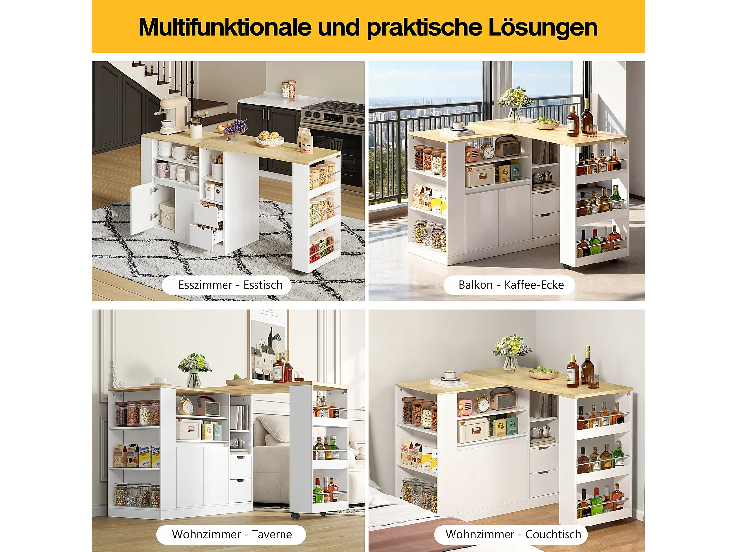 Drehbarer Barschrank – 115 x 50 x 92 cm – mit Regalböden, 2 Schubladen und ausziehbarem Tisch – MDF – weiß + natur