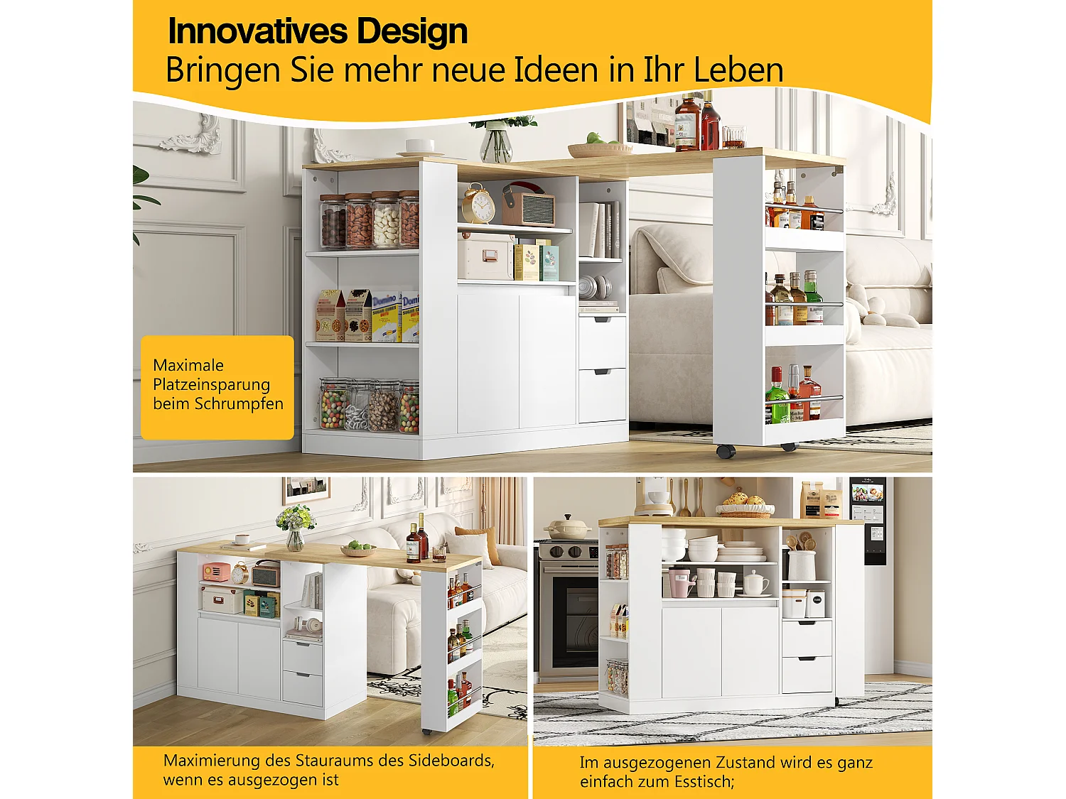 Drehbarer Barschrank – 115 x 50 x 92 cm – mit Regalböden, 2 Schubladen und ausziehbarem Tisch – MDF – weiß + natur