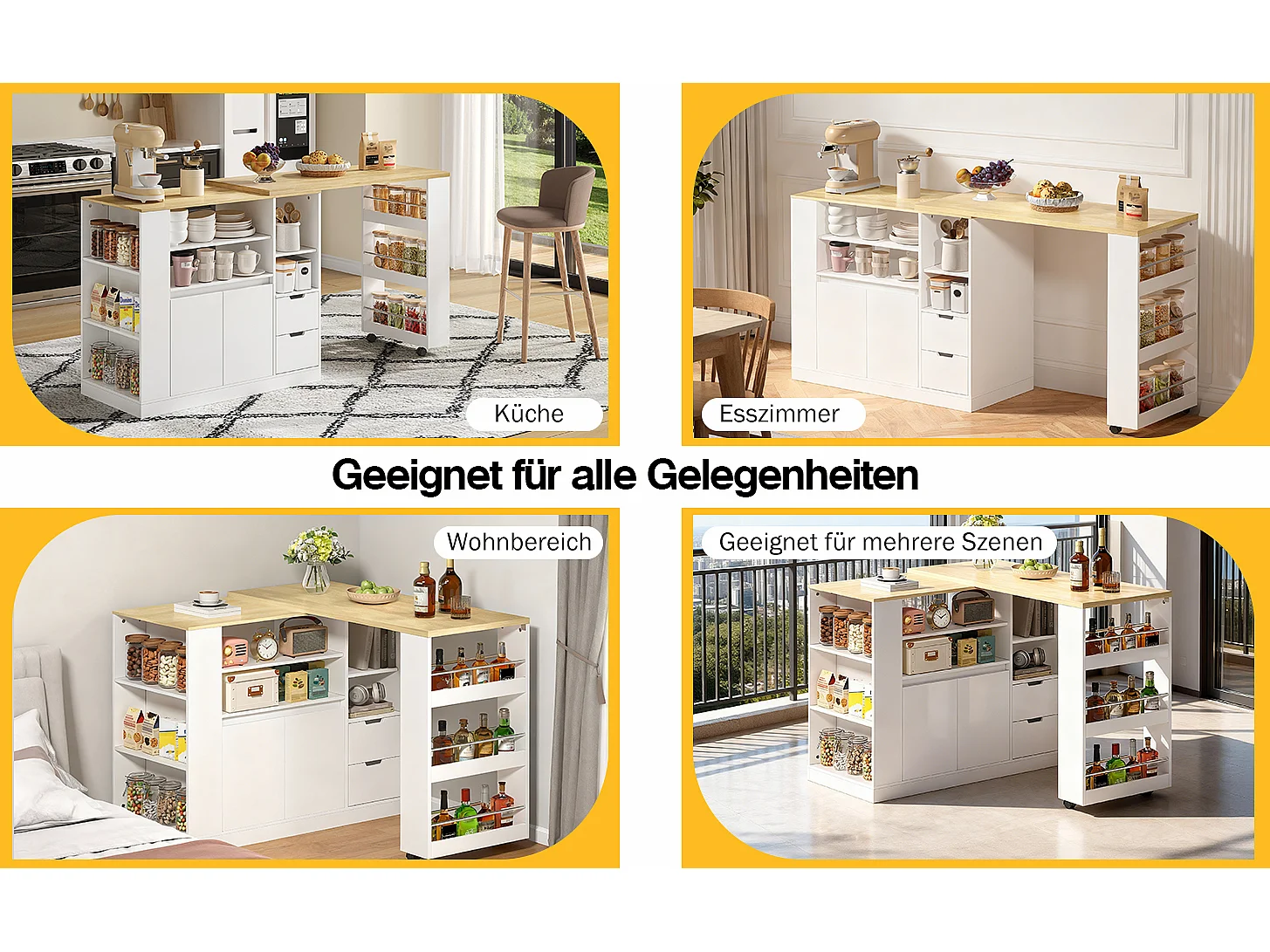 Drehbarer Barschrank – 115 x 50 x 92 cm – mit Regalböden, 2 Schubladen und ausziehbarem Tisch – MDF – weiß + natur