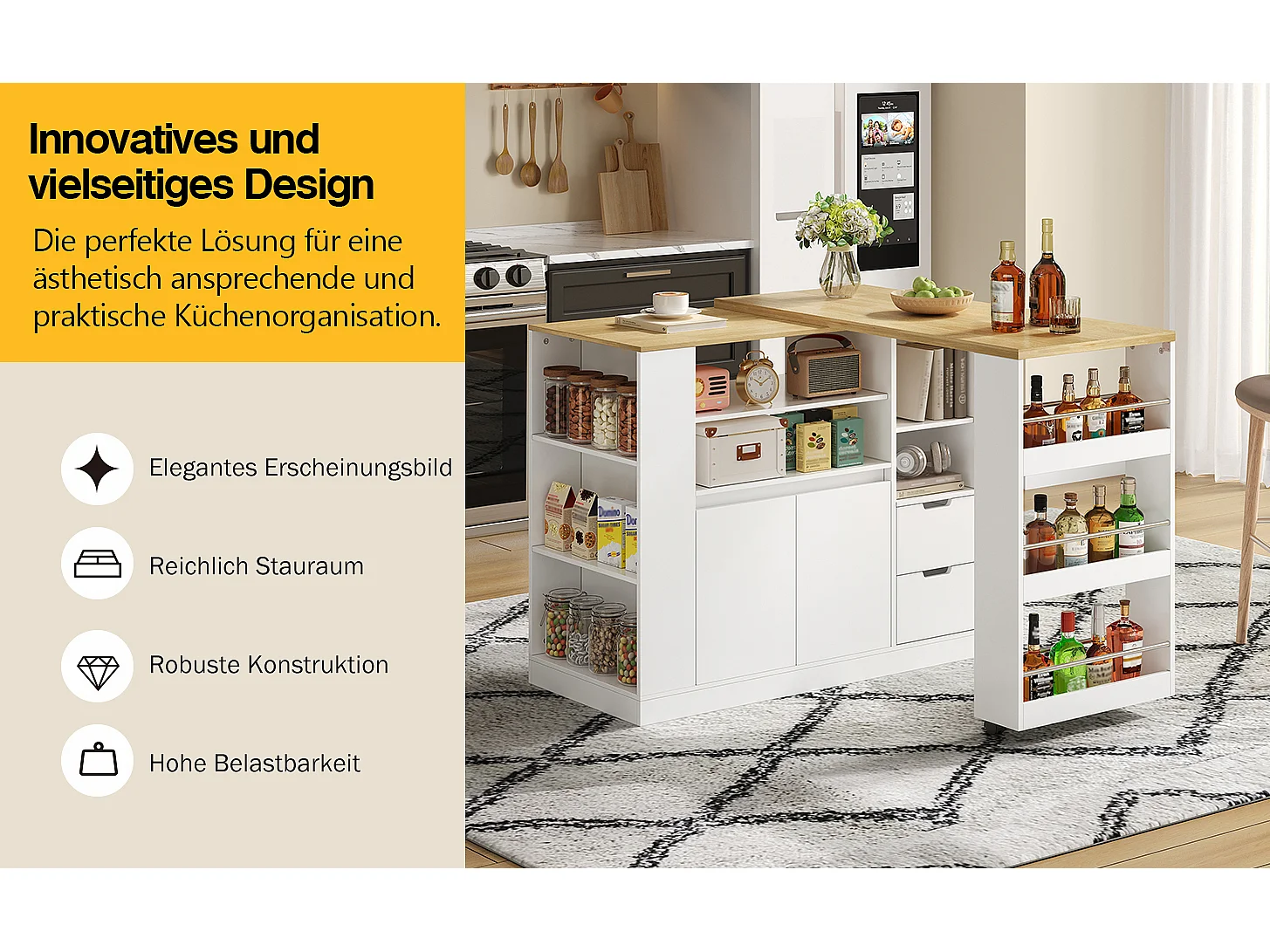 Drehbarer Barschrank – 115 x 50 x 92 cm – mit Regalböden, 2 Schubladen und ausziehbarem Tisch – MDF – weiß + natur