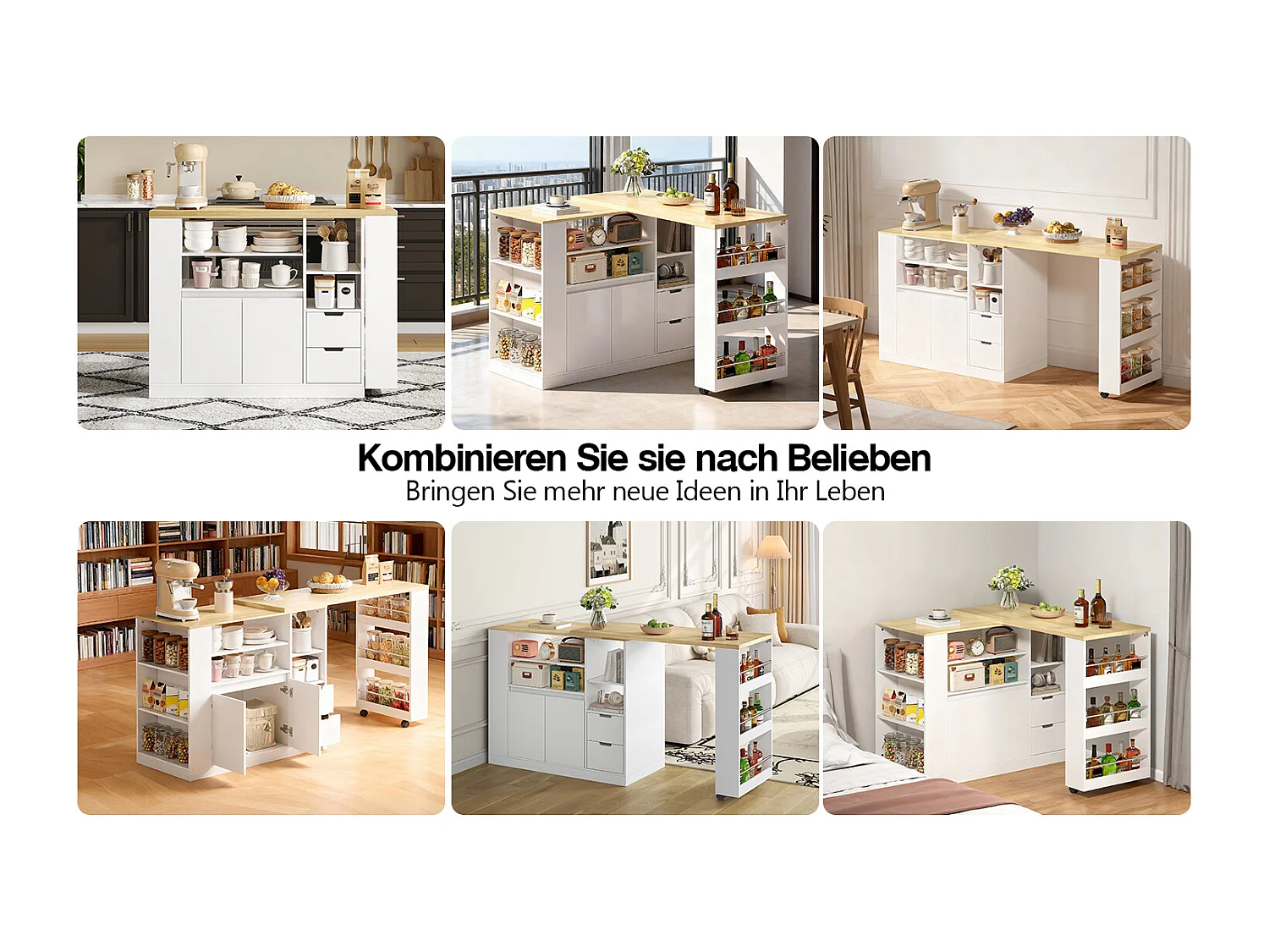 Drehbarer Barschrank – 115 x 50 x 92 cm – mit Regalböden, 2 Schubladen und ausziehbarem Tisch – MDF – weiß + natur