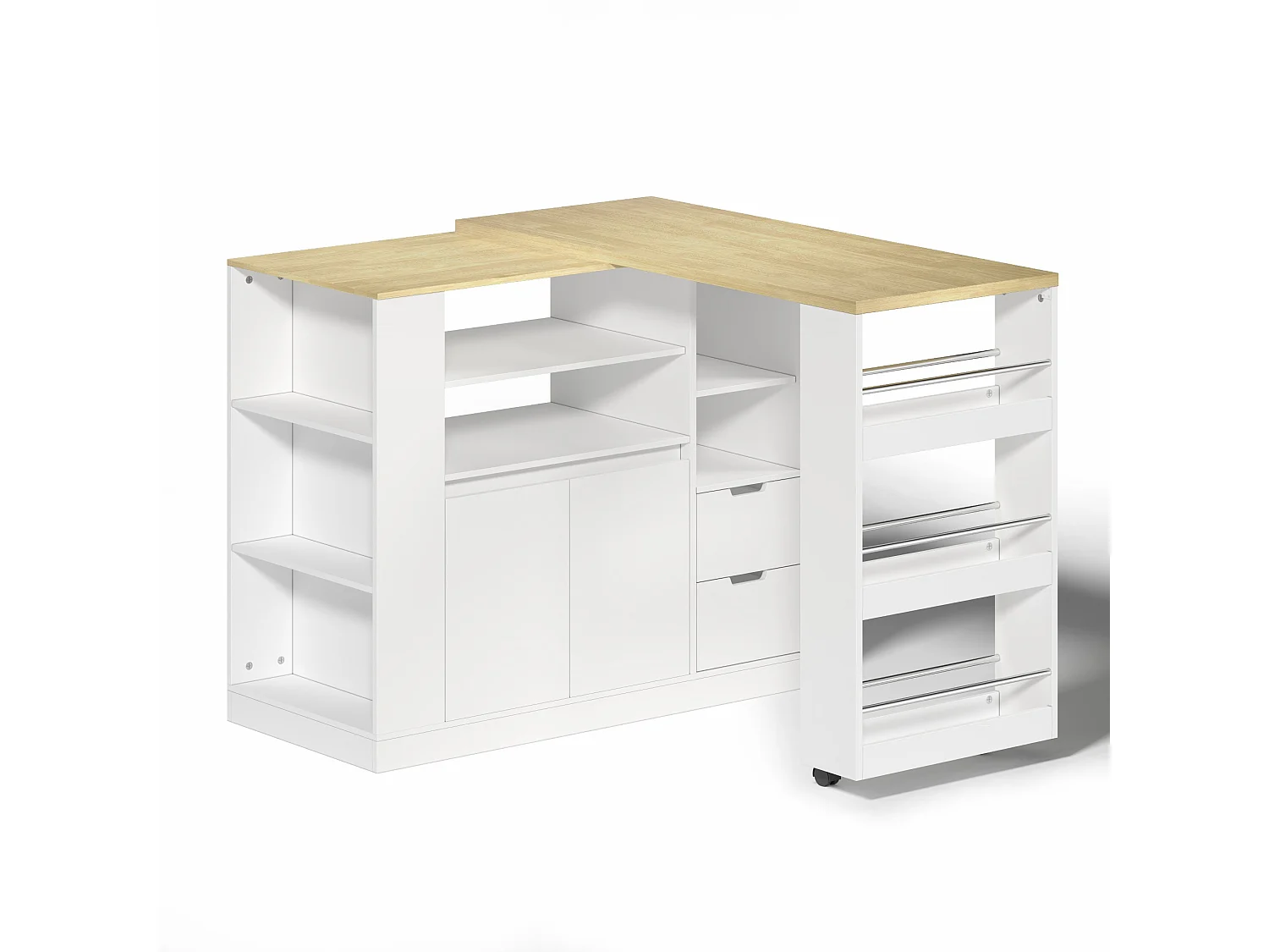 Drehbarer Barschrank – 115 x 50 x 92 cm – mit Regalböden, 2 Schubladen und ausziehbarem Tisch – MDF – weiß + natur