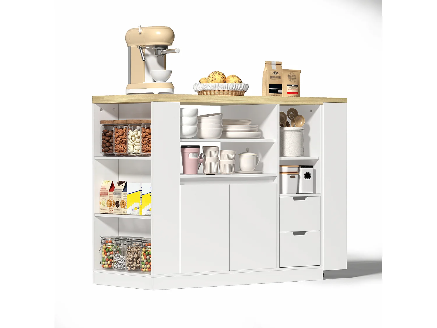 Drehbarer Barschrank – 115 x 50 x 92 cm – mit Regalböden, 2 Schubladen und ausziehbarem Tisch – MDF – weiß + natur