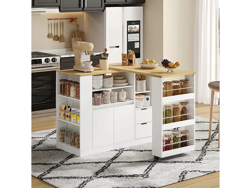 Drehbarer Barschrank – 115 x 50 x 92 cm – mit Regalböden, 2 Schubladen und ausziehbarem Tisch – MDF – weiß + natur