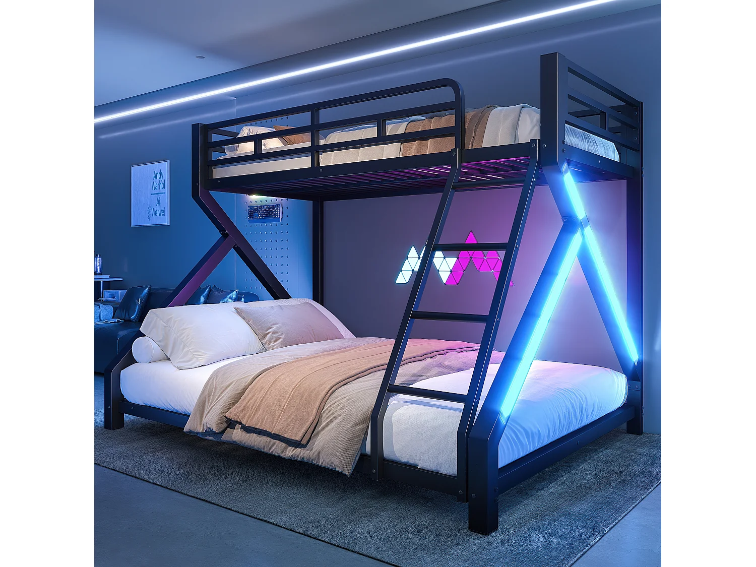 Beliche infantil - 90 x 200 cm + 140 x 200 cm - estrutura de ferro - com LEDs + grade de segurança - Metal - preto