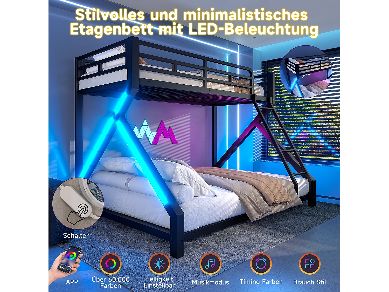 Beliche infantil - 90 x 200 cm + 140 x 200 cm - estrutura de ferro - com LEDs + grade de segurança - Metal - preto