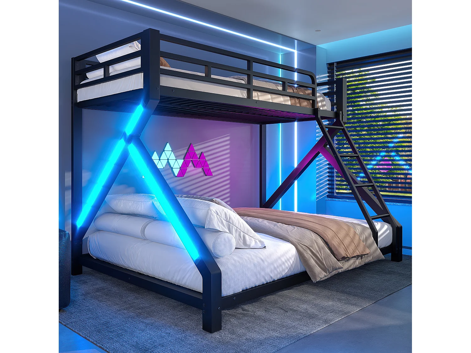 Beliche infantil - 90 x 200 cm + 140 x 200 cm - estrutura de ferro - com LEDs + grade de segurança - Metal - preto