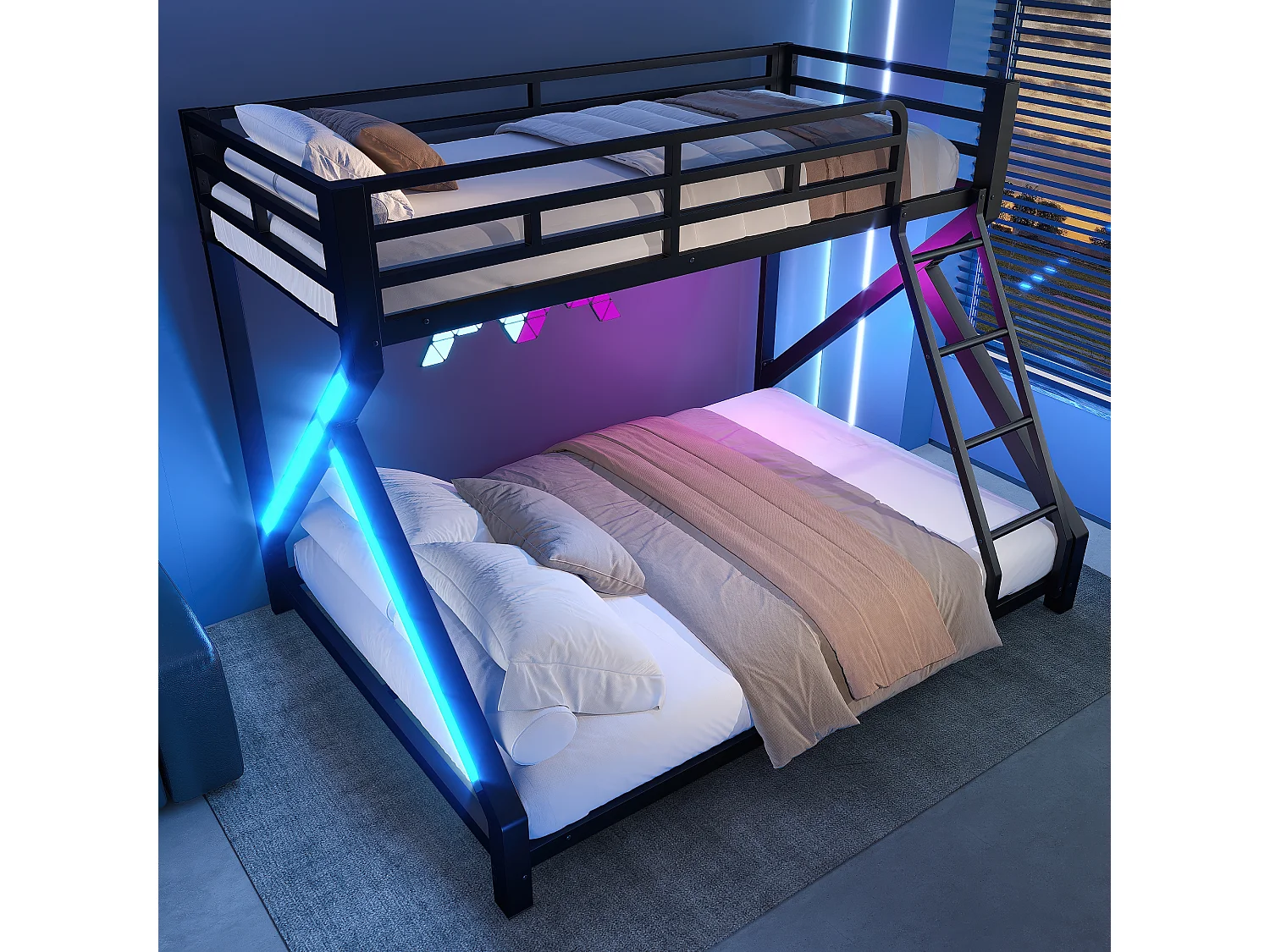 Beliche infantil - 90 x 200 cm + 140 x 200 cm - estrutura de ferro - com LEDs + grade de segurança - Metal - preto