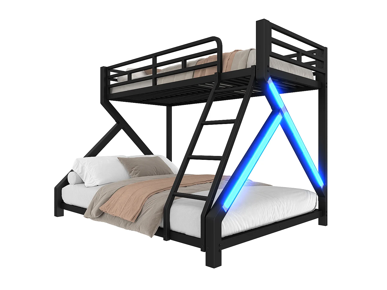 Beliche infantil - 90 x 200 cm + 140 x 200 cm - estrutura de ferro - com LEDs + grade de segurança - Metal - preto