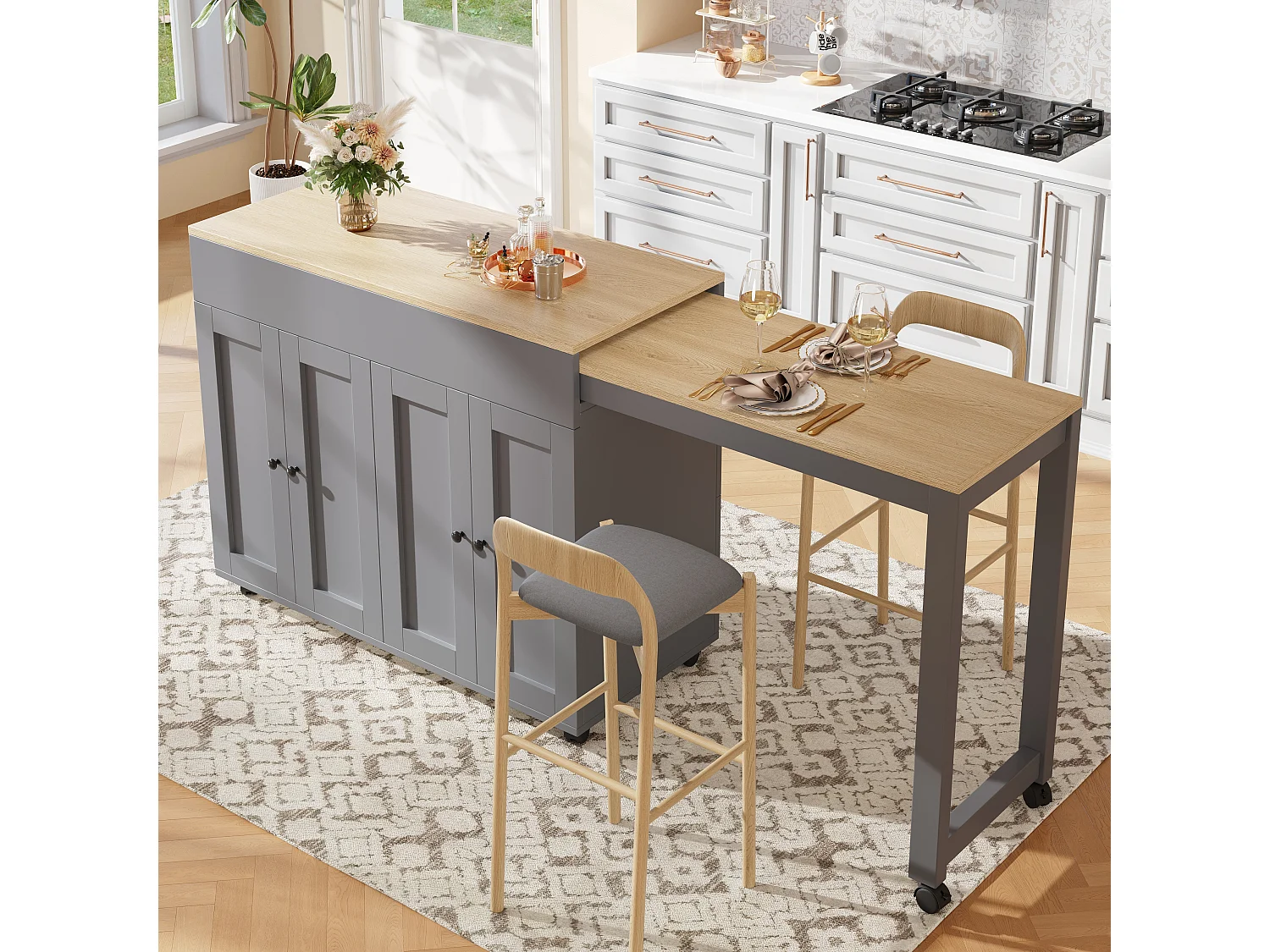 Moderner, ausziehbarer Bartisch – 118–180 x 50 x 94 cm – mit 4 Türen und 6 Ablagen – MDF – grau