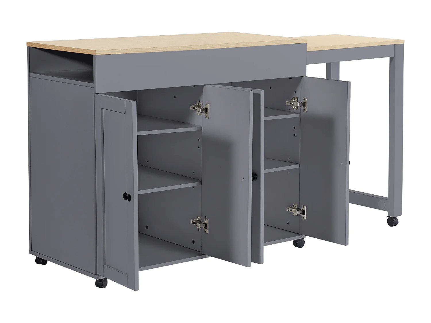 Moderner, ausziehbarer Bartisch – 118–180 x 50 x 94 cm – mit 4 Türen und 6 Ablagen – MDF – grau