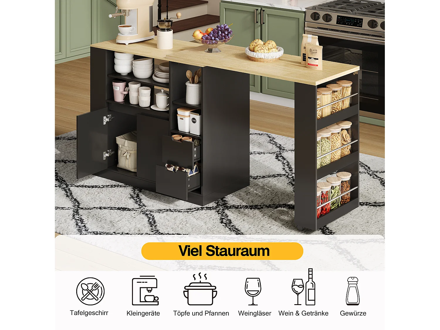 Drehbarer Barschrank – 115 x 50 x 92 cm – mit Regalböden, 2 Schubladen und ausziehbarem Tisch – MDF – schwarz + natur