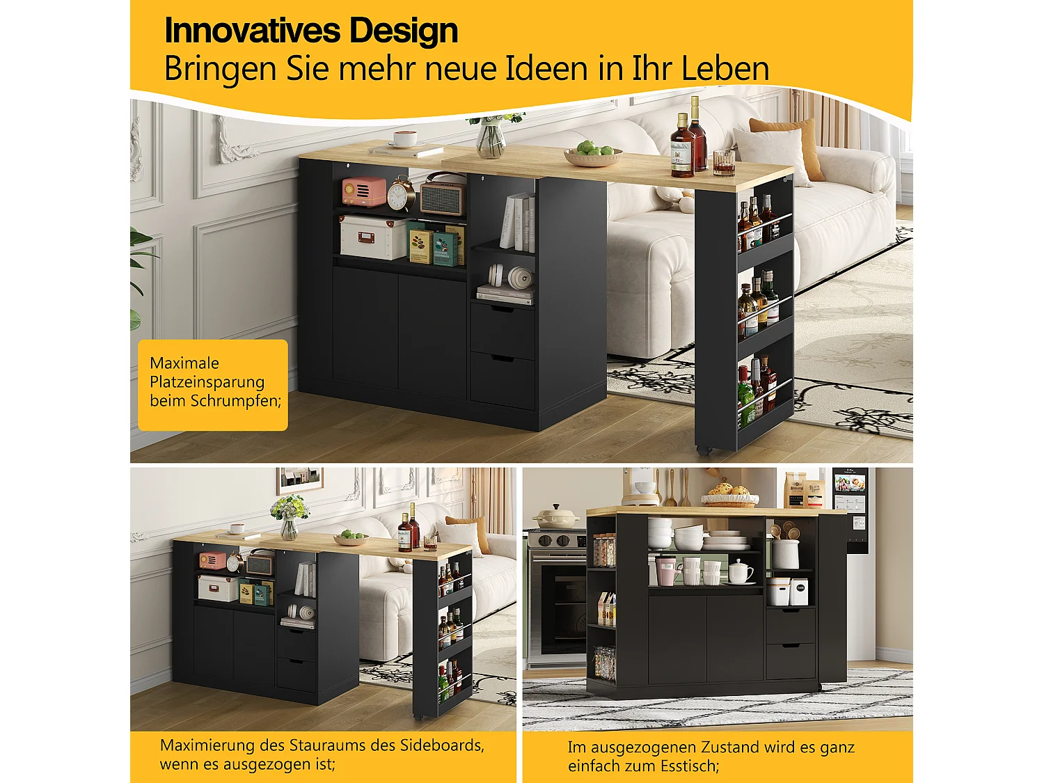 Drehbarer Barschrank – 115 x 50 x 92 cm – mit Regalböden, 2 Schubladen und ausziehbarem Tisch – MDF – schwarz + natur