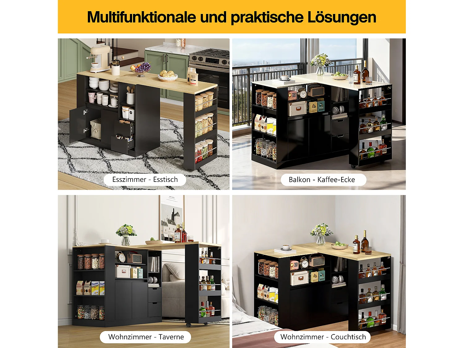 Drehbarer Barschrank – 115 x 50 x 92 cm – mit Regalböden, 2 Schubladen und ausziehbarem Tisch – MDF – schwarz + natur